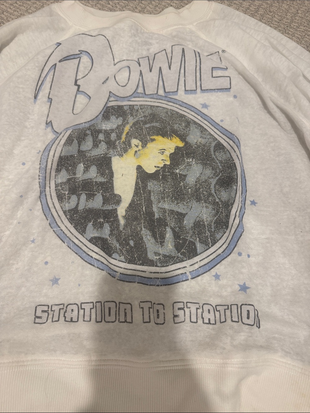 Recycled Karma White Bowie Graphic Crewneck Sweater with Blue & Yellow Accents - Picture 2 of 6